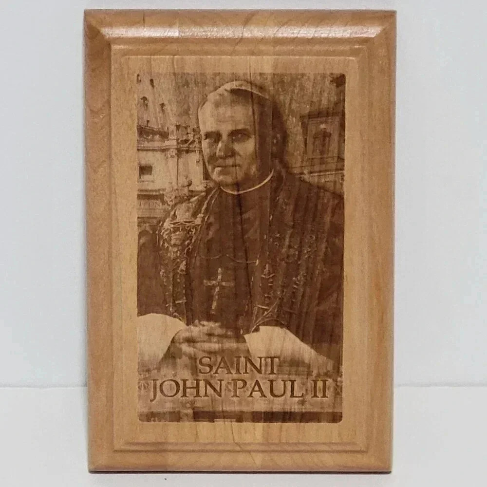 Saint John Paul II Wood Plaque New Handcrafted Art 6" x 4" x 3/4" Never Used